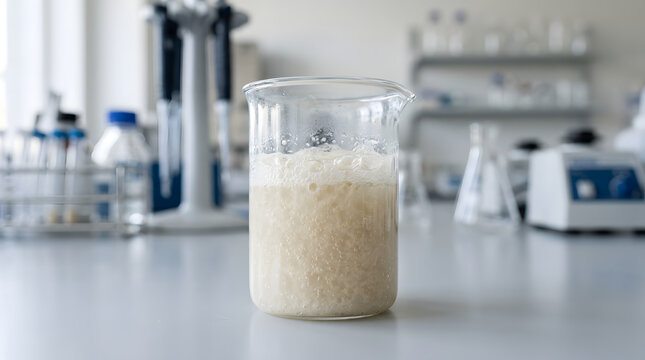 Glass beaker with foaming liquid and bubbles in a modern scientific laboratory