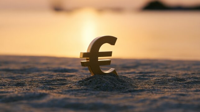 Golden euro symbol placed in sand during sunset near water at beach