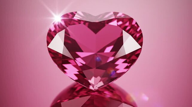 Heart shaped pink gemstone with reflection on pink background