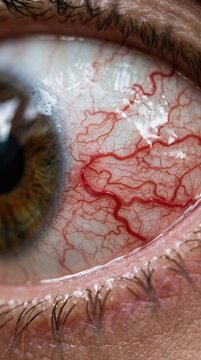 Human eye showing conjunctival vasodilation caused by cannabis use, featuring a dense network of heavily engorged, swollen bright red blood vessels on the white sclera surface.