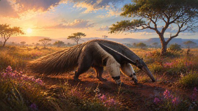 Giant anteater walking through flowering savanna beneath warm sunset light, a striking wildlife illustration for insect-eating mammals, unusual animals, grasslands and South American nature