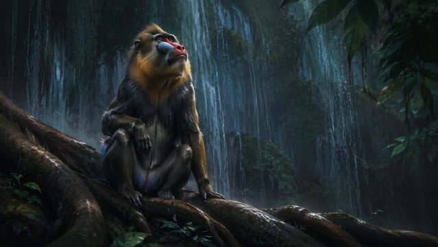 Mandrill sitting on rainforest roots beside a cascading waterfall, a vivid primate wildlife illustration for colorful monkeys, African jungle biodiversity and tropical conservation