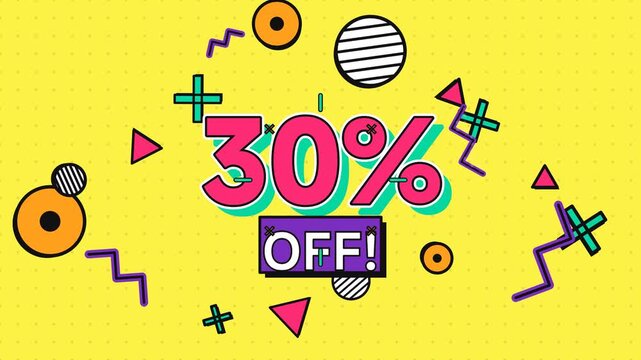 Memphis Style 30 Percent Off Discount Sale Banner on Yellow Background