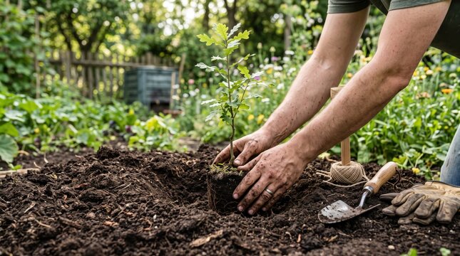 Gardener hands planting young oak tree sapling into rich dark soil in lush green garden, environmental conservation, reforestation activity, spring gardening season