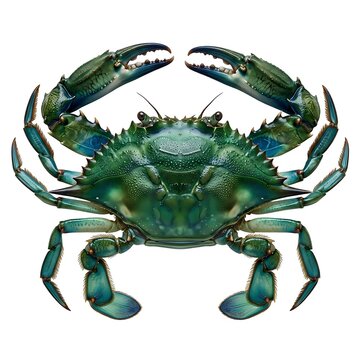 A detailed illustration of a vibrant green blue crab with large claws and swimming legs, isolated on white background