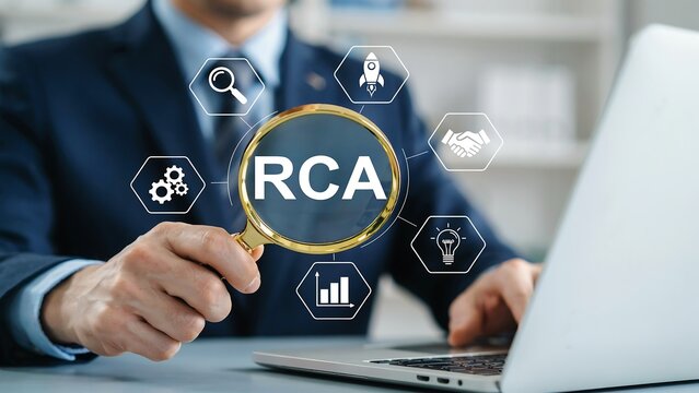 Business professional examining RCA acronym with magnifying glass during office meeting with digital icons