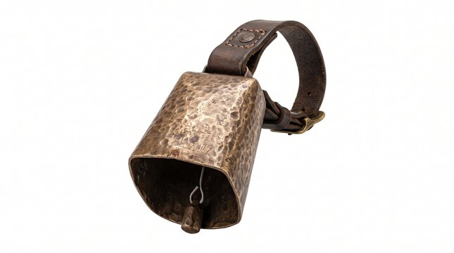 Vintage rustic cowbell with leather strap, antique hammered copper livestock bell, traditional alpine farm animal accessory isolated PNG with Transparent Background