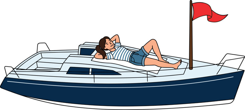 Young woman relaxing on a motor boat deck sunbathing on luxury small yacht during summer vacation travel flat vector illustration