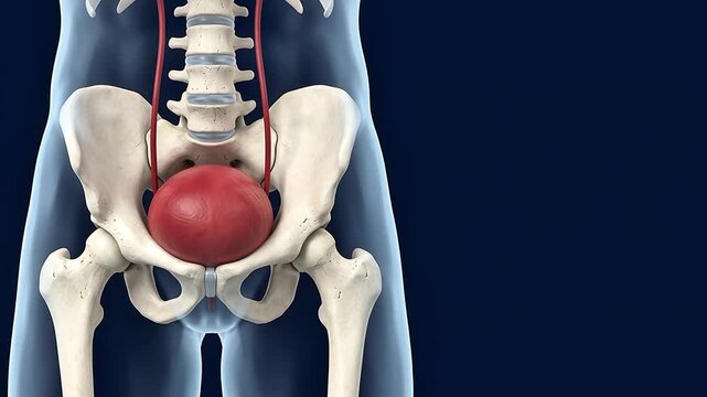 3D Medical Illustration of Urinary Bladder and Pelvic Anatomy on Dark background with copy space
