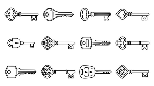 Key set with vintage keys featuring ornate, skeleton, padlock, and antique styles with line art and isolated designs
