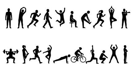 Obraz premium Human figures set with silhouette poses featuring standing, running, jumping, stretching with weightlifting and cycling