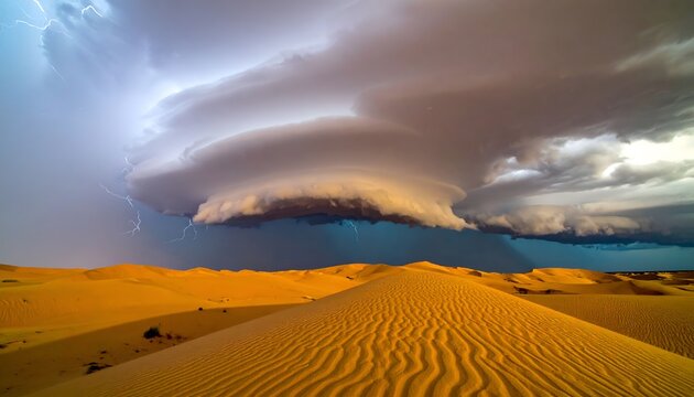 Dramatic Desert Storm Clouds Over Sand Dunes, Lightning Strike, Epic Weather