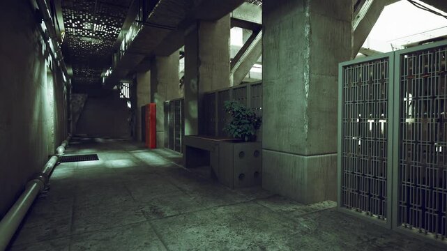 Dim concrete corridor with metal gate, flickering fluorescent light casts long shadows across damp floor and peeling paint, exposed pipes and gated storage