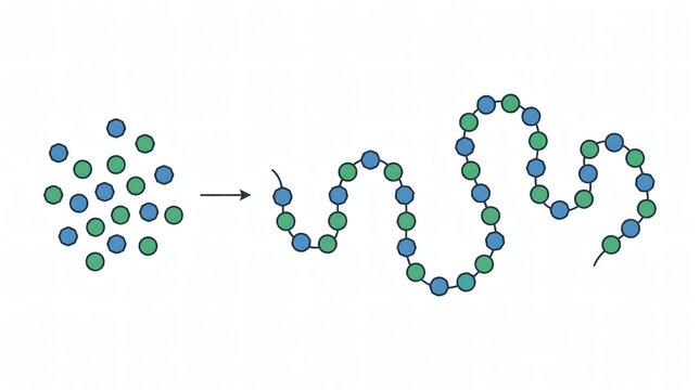 Scientific Illustration of Polymerization Process showing Monomers Connecting into a Long Polymer Chain for Chemistry Education