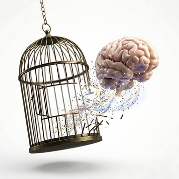 A human brain escaping from a golden birdcage, symbolizing mental freedom, liberation of thought, and breaking free from cognitive constraints isolated on white background