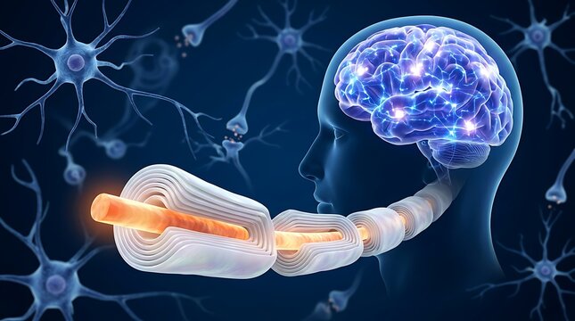 3d illustration of a human brain and a myelinated nerve fiber showing the myelin sheath structure and neural connections in a dark blue background