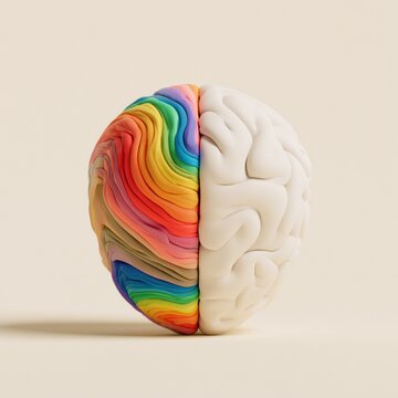 A 3d render shows a brain made of soft clay with one half featuring rainbow patterns and the other half in a cream color on a plain surface.