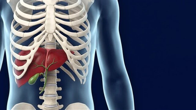 3D Medical Illustration of Human Liver and Gallbladder Anatomy on Dark background with copy space