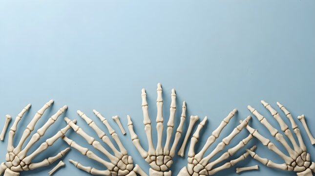 Human skeleton hands arranged in a row on a light blue background for Halloween design.