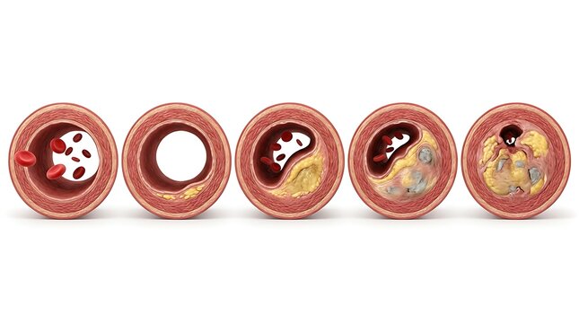 Stages of atherosclerosis progression in a human artery, showing the buildup of plaque and narrowing of the blood vessel lumen over time