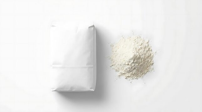 All purpose flour in a blank paper bag packaging mockup next to a pile of white organic wheat powder isolated on a white background for food marketing