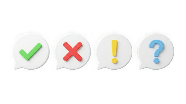 Acceptance, rejection, attention and question symbols in white speech bubbles 3d realistic. Right, wrong and exclamation check marks three-dimensional rendering vector illustration