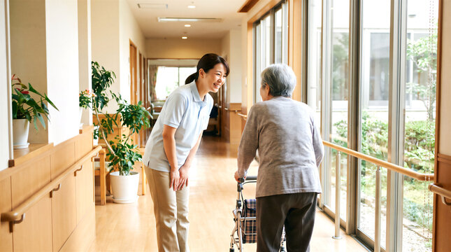 廊下で挨拶を交わすスタッフと利用者