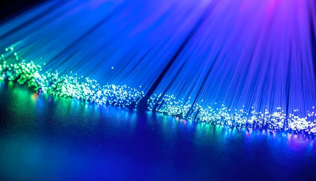 Close-up of glowing fiber optic cables with blue and purple light, representing data transmission and technology