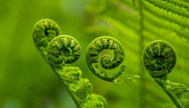 Close-up of unfurling fern fronds, fiddleheads in spiral growth pattern, green nature detail