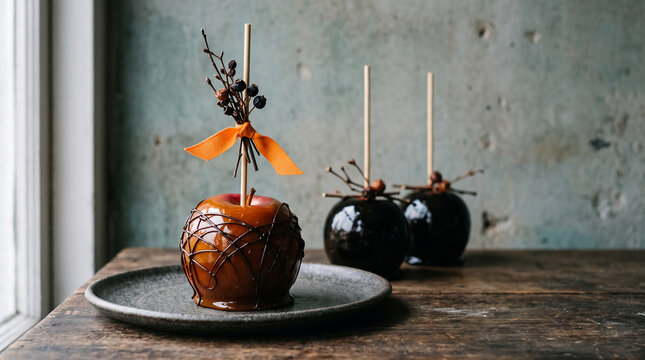 Caramel apples on a rustic wooden table, one decorated with chocolate drizzle and a ribbon, representing autumn treats and rustic dessert concepts