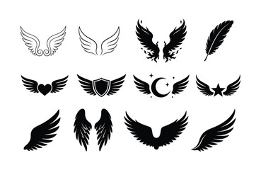 Naklejka premium Set of various wing icons and silhouettes isolated on white background