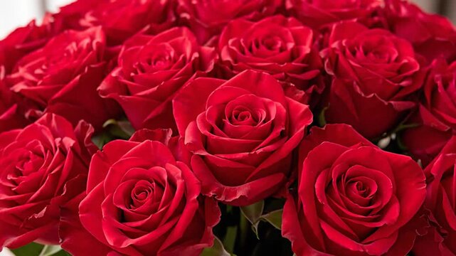 Large bouquet of vibrant red roses in close up view