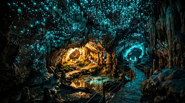 Magical glowworms illuminating a dark underground cavern with bioluminescent blue lights