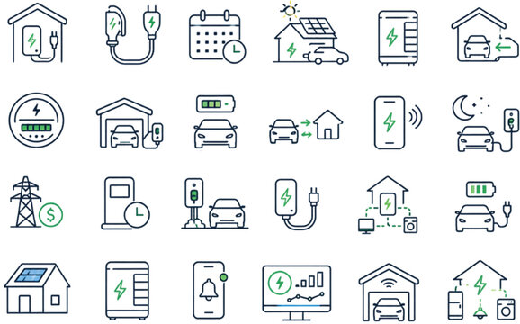 Smart electric vehicle charging and home energy management icon set for clean mobility and power monitoring vector design