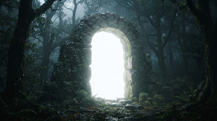 Fototapeta premium Ancient stone archway in a misty forest, revealing a bright light, symbolizing passage, mystery, and the unknown, evoking adventure and fantasy.