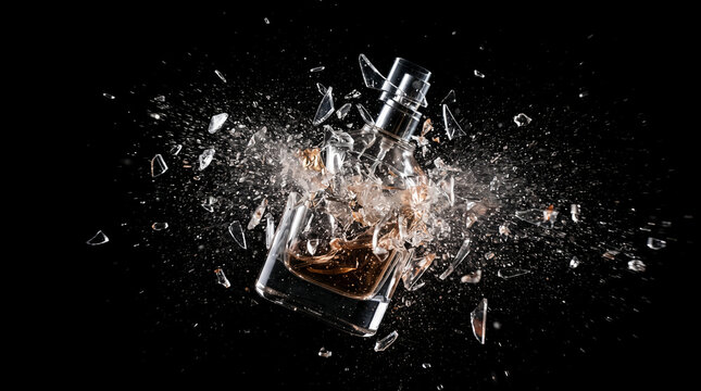 Exploding glass bottle with amber liquid, fragments scattering, symbolizing destruction, chaos, or a dramatic reveal.
