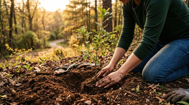 Woman planting young tree sapling in forest soil, environmental conservation, hands holding earth, reforestation project, ecology protection, sustainable development