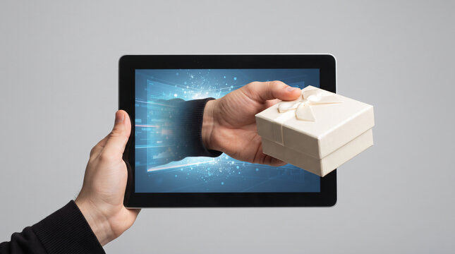 Hand holding a tablet with a gift box emerging from the screen, symbolizing digital surprise and online gifting, perfect for e-commerce and delivery concepts