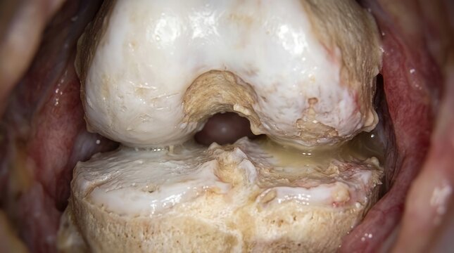Ailing knee articulation: cartilage erosion, bone wear, chronic arthritis, osteoarthrosis diagnose, synovial inflammation, restrict movement, joint deformity, tissue degeneration.