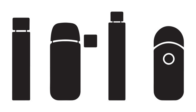 Electronic cigarette icon set featuring vape devices, pod systems and vaporizer silhouettes in glyph style.