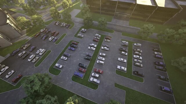 Aerial view suburban parking lot at golden hour, dozens of cars neatly parked in organized rows amid treelined islands, long shadows stretching across asphalt