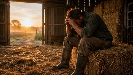 Obraz premium Distressed Farmer Sitting on Hay Bale in Barn During Agricultural and Financial Crisis