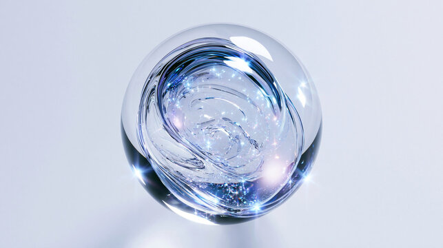 A single transparent glass orb containing swirling liquid light and sparkles. Abstract magic or energy concept isolated on white background.