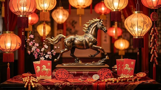 Festive Elegance in Radiant Scarlet and Gilded Tones Celebrating the Lunar New Year of the Galloping Steed with Ornate Glowing Luminaries and Rich Cultural Ornamentation in Dimensional Art 
