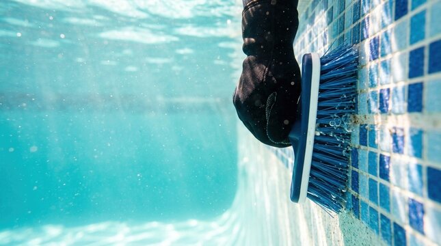 Underwater view of a gloved hand scrubbing a tiled pool wall with a brush, bubbles rising in clear blue water, showcasing pool maintenance activity
