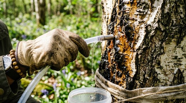 Person wearing gloves extracts sap from a birch tree using a tube and container in a forested area with green foliage and wildflowers visible