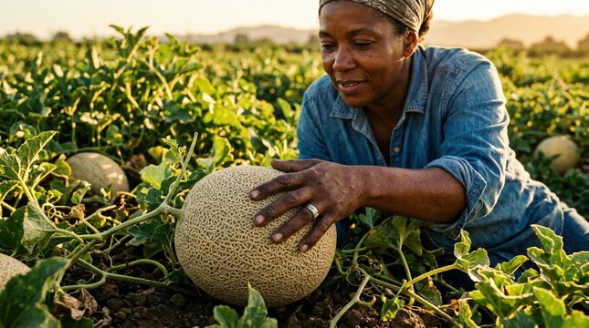 African American woman in denim shirt harvesting cantaloupe in a field, surrounded by green vines and melons under a warm sunset sky