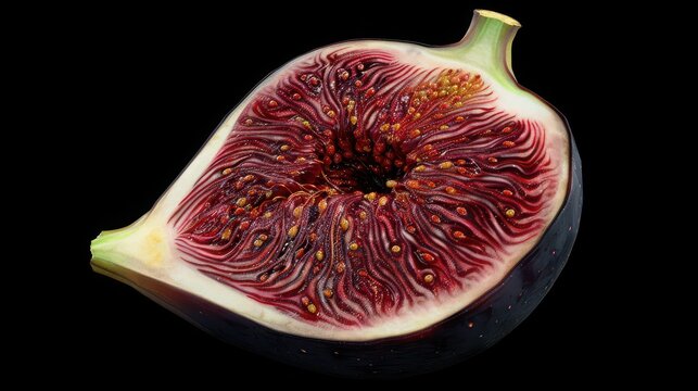 Fresh ripe fig cut in half showing red interior texture isolated on black background