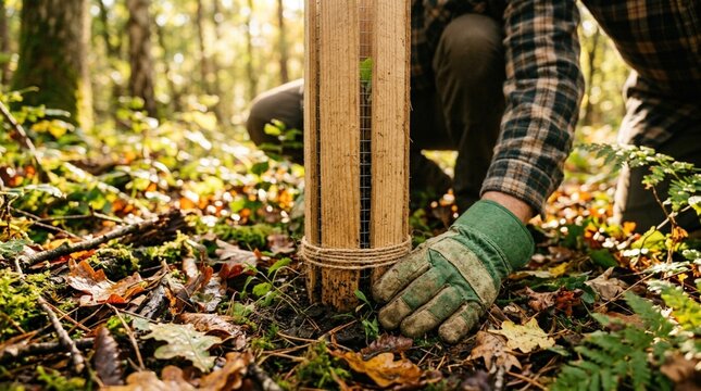 Male gardener in plaid shirt and green gloves secures young tree sapling with protective guard in a forested area covered with fallen leaves and ferns