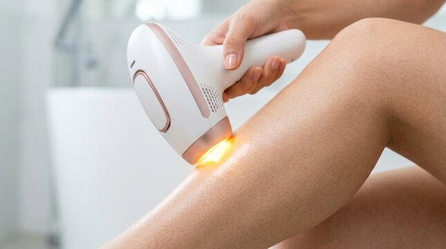 Hand holding a hair removal device with a glowing light, targeting the leg in a bright bathroom setting, showcasing personal grooming technology and skin care